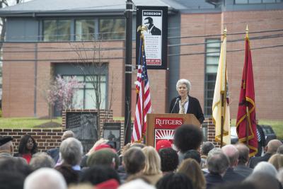 Susan Robeson speaks at the Paul Robeson Plaza dedication
