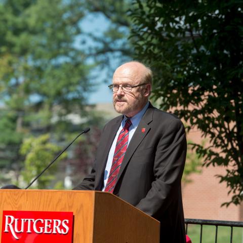 Rutgers–New Brunswick Interim Chancellor Chris Molloy addresses the crowd