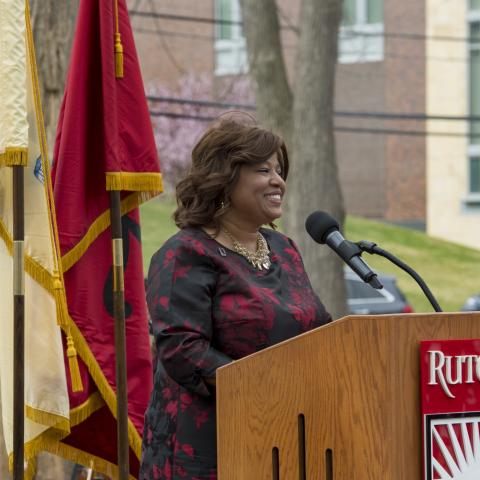 Felicia McGinty speaks at the Paul Robeson Plaza dedication ceremony