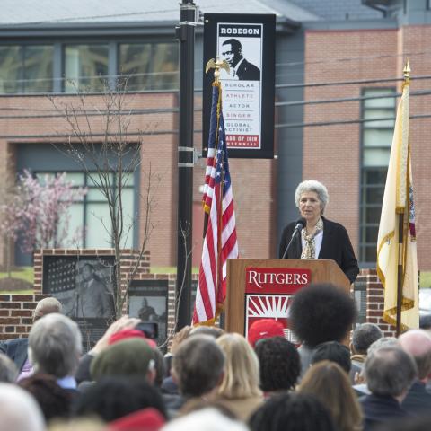 Susan Robeson speaks at the Paul Robeson Plaza dedication